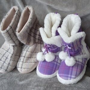 His+Her's Plaid Slippers Boots - Purple and Beige
